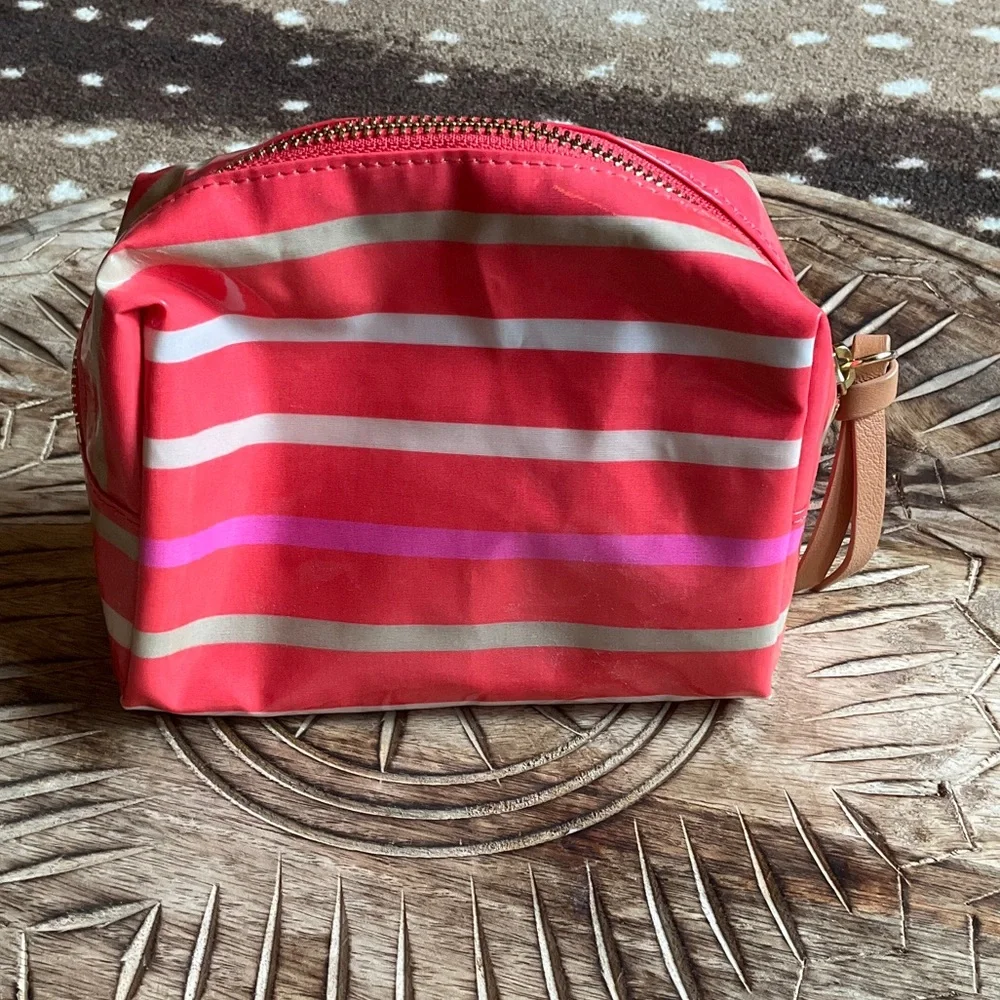 Tory Burch Pink Coral Striped Cosmetic Case with Gold Logo